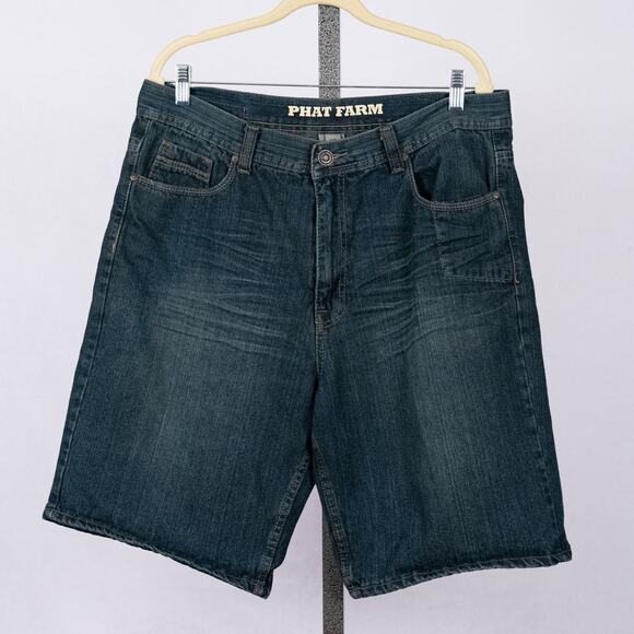 Y2K Phat Farm Denim Jean Shorts Mens SZ 36 Skater Hip Hop Jorts Streetwear Baggy - Picture 4 of 11